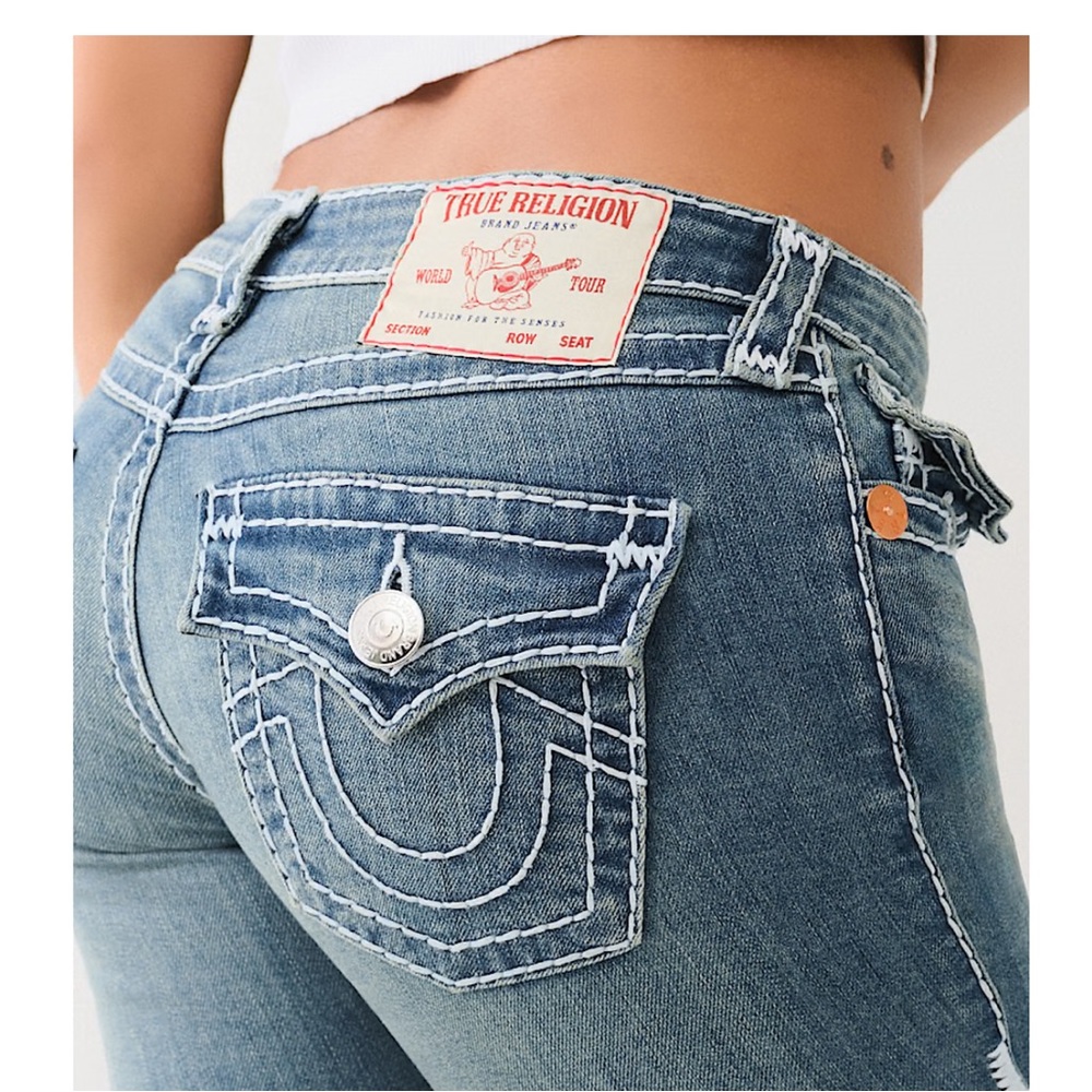 True Religion Women's Wide Leg Flare Jeans in Faded Blue Denim - Picture 6 of 11